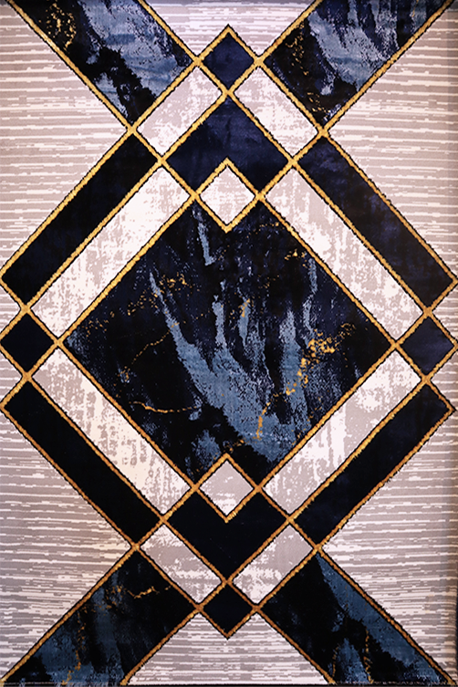 Tapis turc bleu industriel motif géométrique gris doré royalux paris